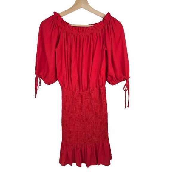 Nic & Jo Red Off-Shoulder Smocked Skirt Dress Size Small - Picture 2 of 11